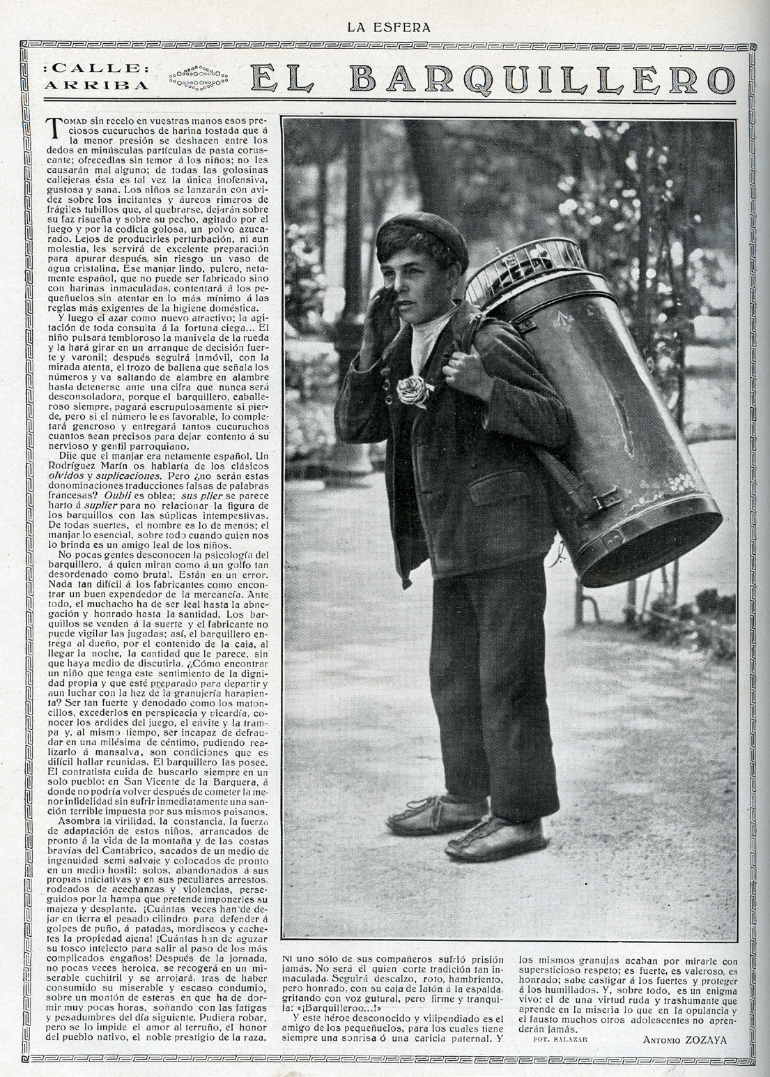 Artículo de Antonio Zozaya “El barquillero” con fotografía de
    Salazar publicada en La Esfera,1916. Museo del Traje