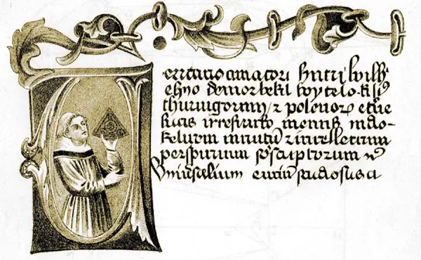 Página de un manuscrito de 'De Perspectiva' de Witelo con miniatura del autor